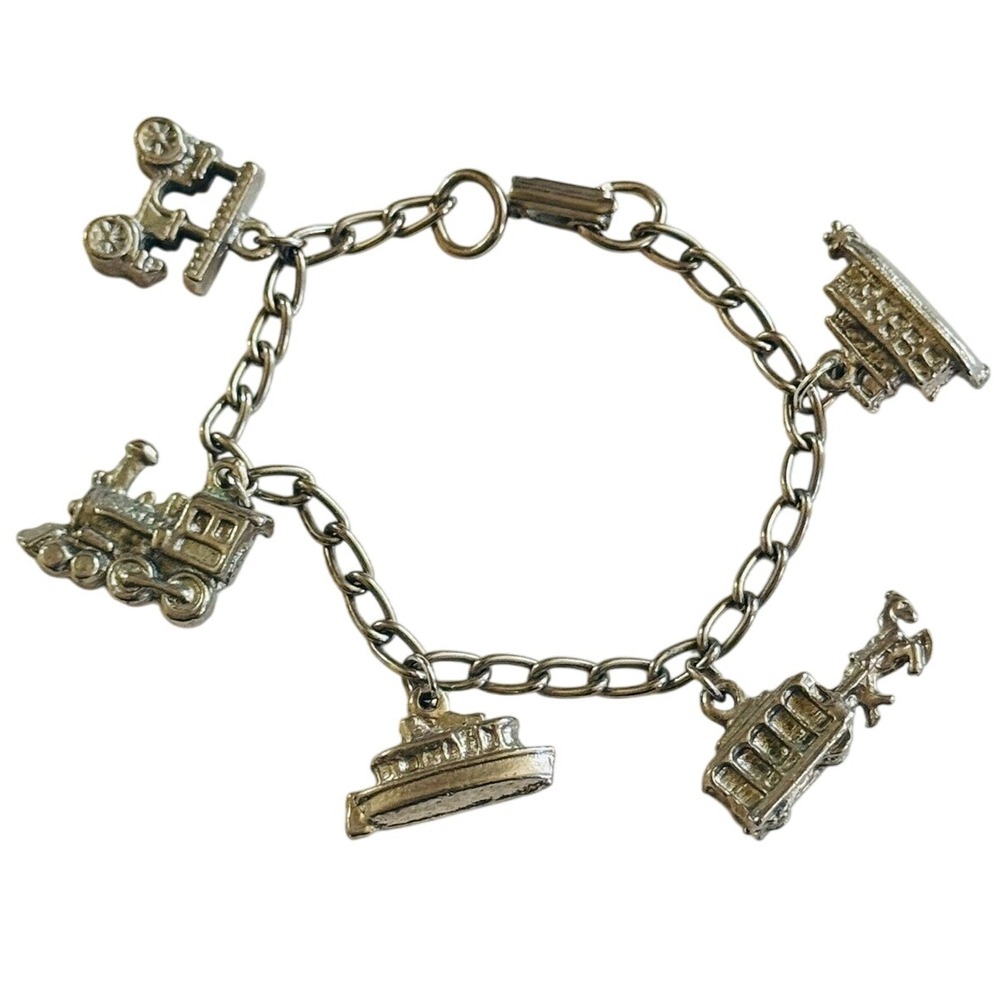 Ship‎ trolly red car Flowing Charm Bracelet VTG Silver Dangle traveling souvenir